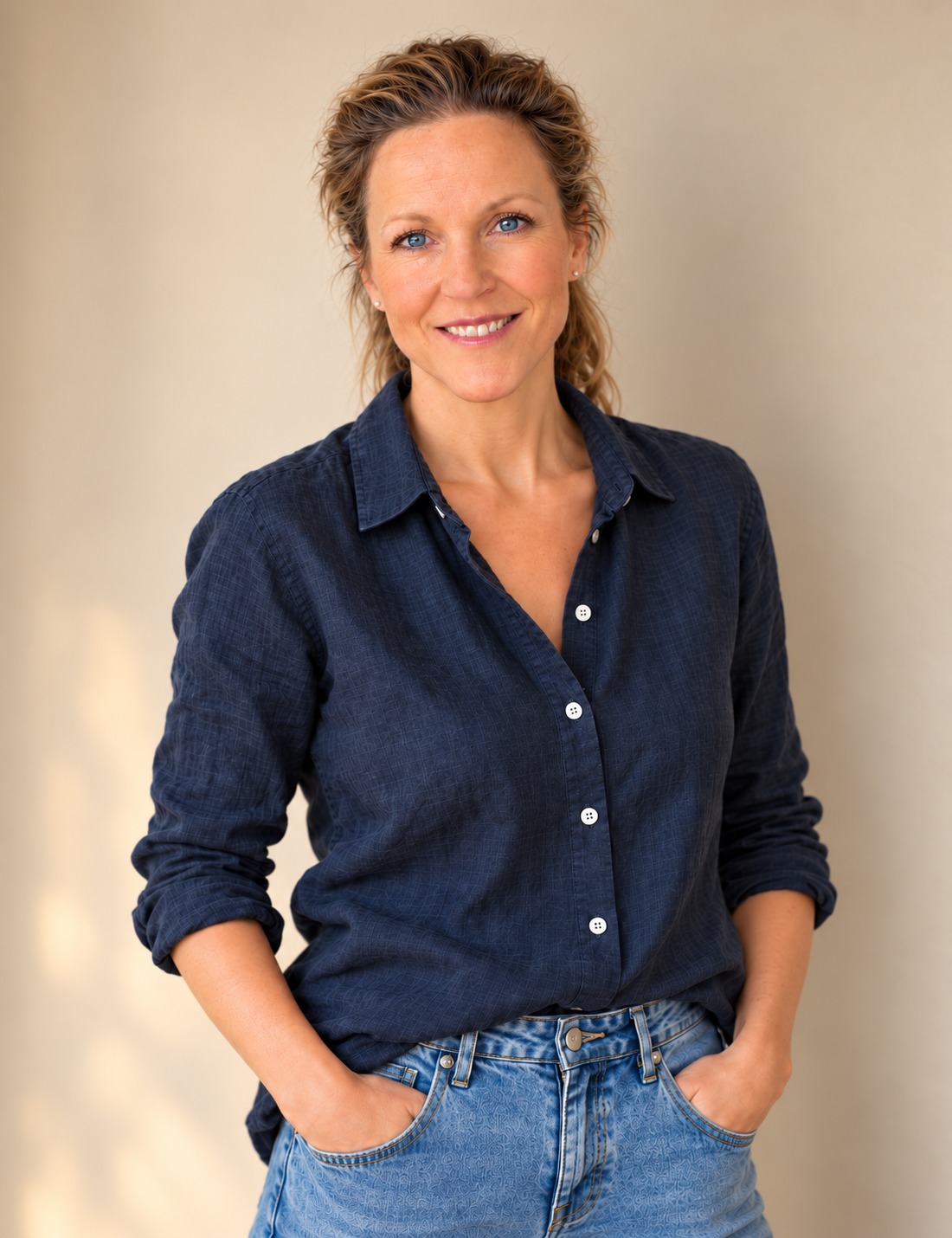 Lisa Jonsson i mörkblå linneskjorta i ett ljust rum